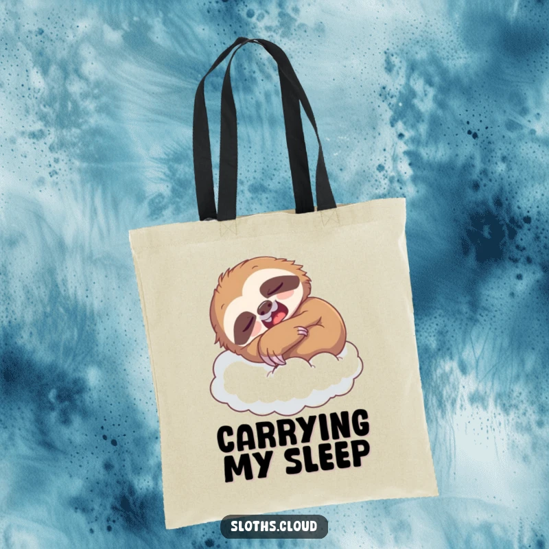Funny tote bag with a yawning sloth napping on a cloud, perfect for carrying daily items with a humorous, sleepy theme.