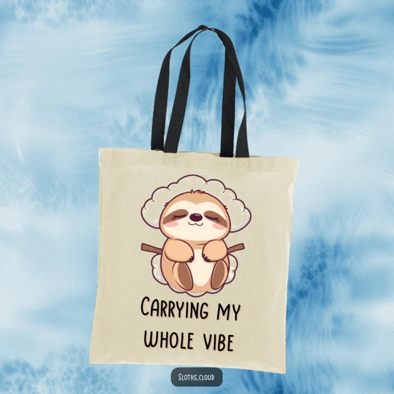 Funny sloth tote bag, eyes closed, carried by a cloud. A humorous, practical accessory for stylish, relaxed individuals.
