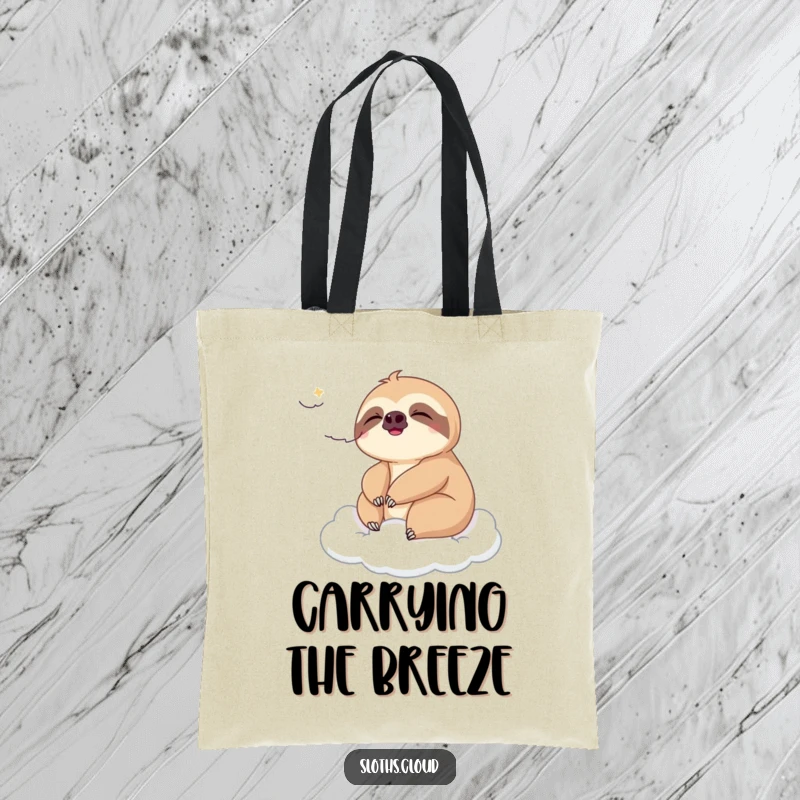 Funny tote bag with a sloth enjoying a gentle breeze on a cloud, perfect for carrying items with a humorous and serene theme.