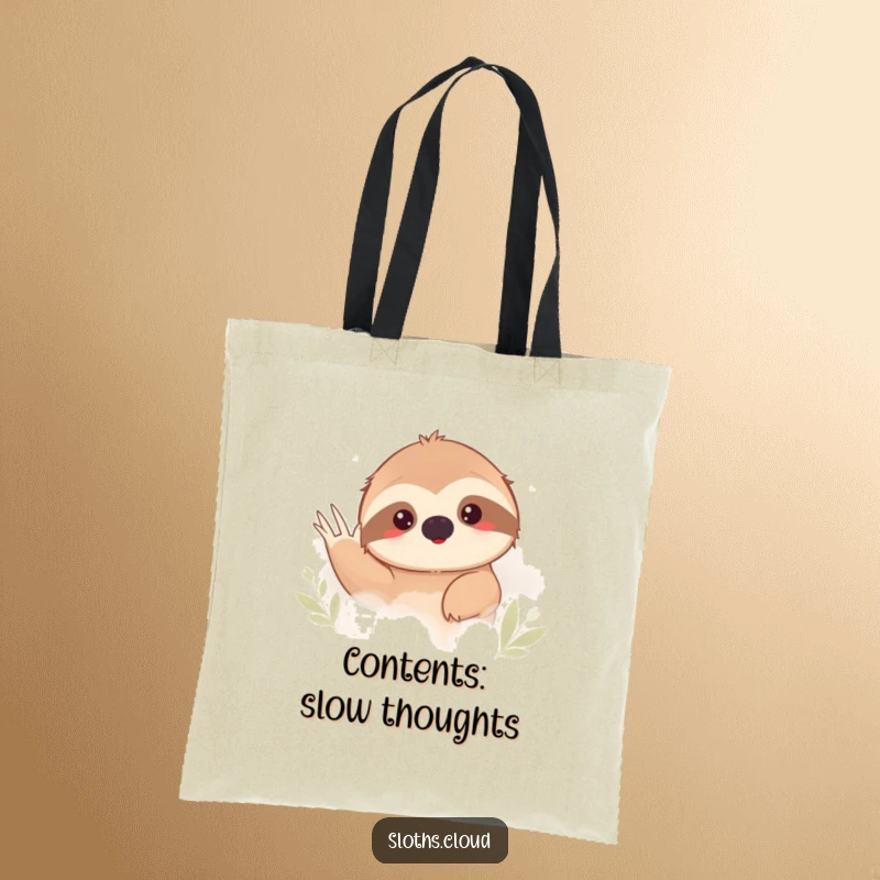 Funny sloth peeking shyly from thick fog, waving gently on a durable tote bag. A humorous accessory.