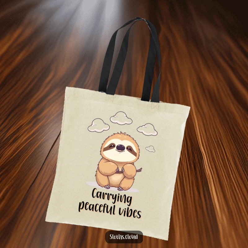 Funny tote bag featuring a sloth with a gentle smile, watching clouds drift by, perfect for carrying items with humorous serenity.