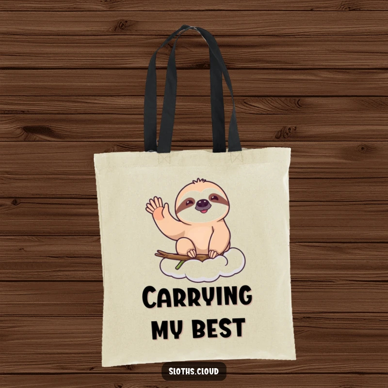 Funny tote bag featuring a happy sloth on a cloud, giving a slow, friendly wave, ready to carry your items with cheerful ease.