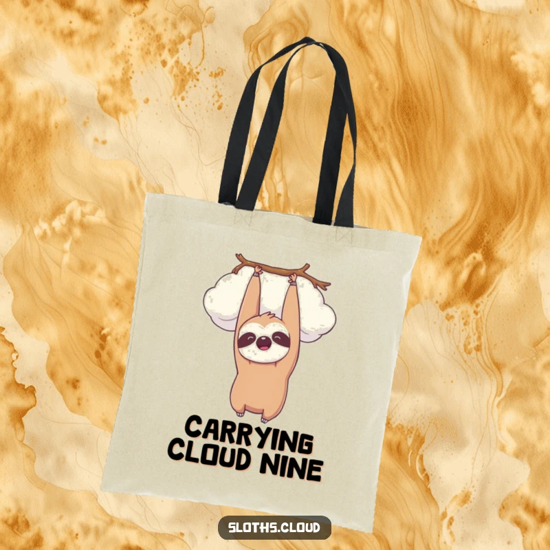 Funny kawaii sloth hanging upside down from a cloud, smiling peacefully. Humorous tote bag.