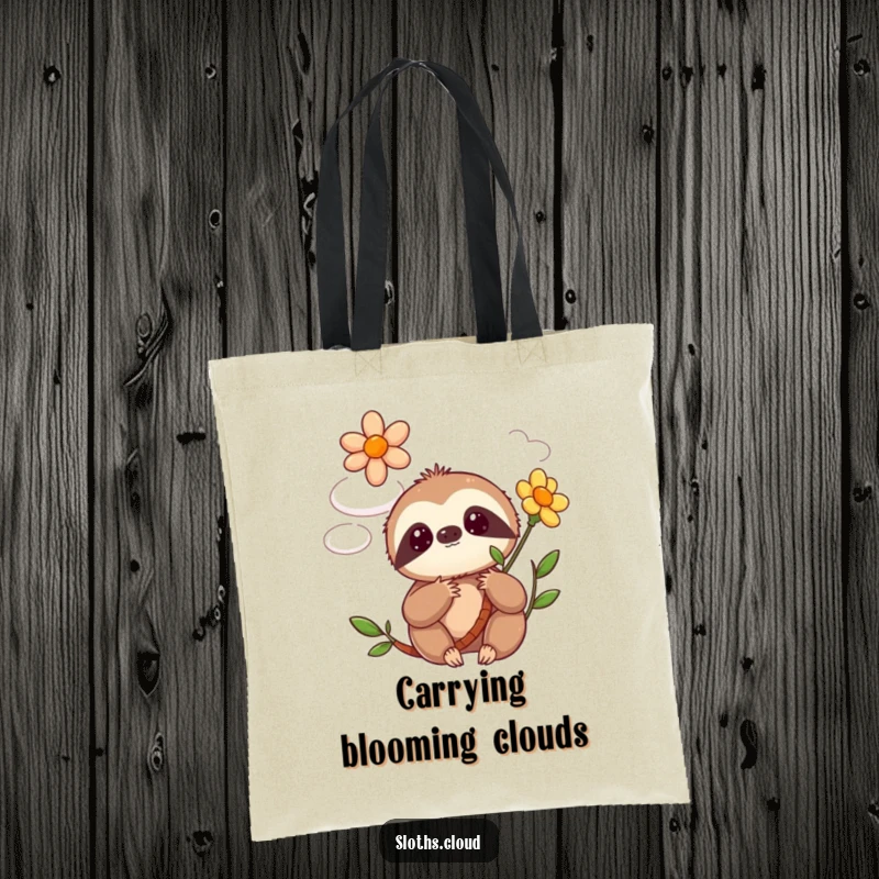 Funny kawaii sloth tote bag with a cute sloth wide-eyed in surprise as a cheerful flower blooms from a floating cloud.