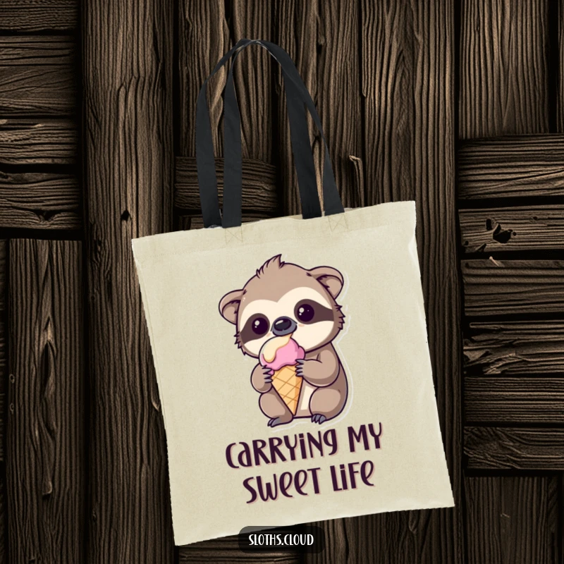 Funny kawaii sloth tote bag, amused expression while carrying melting ice cream, stylish and humorous accessory.