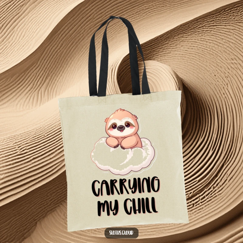 Funny tote bag with a kawaii sloth smiling serenely, floating on a cloud, perfect for shopping or carrying books.