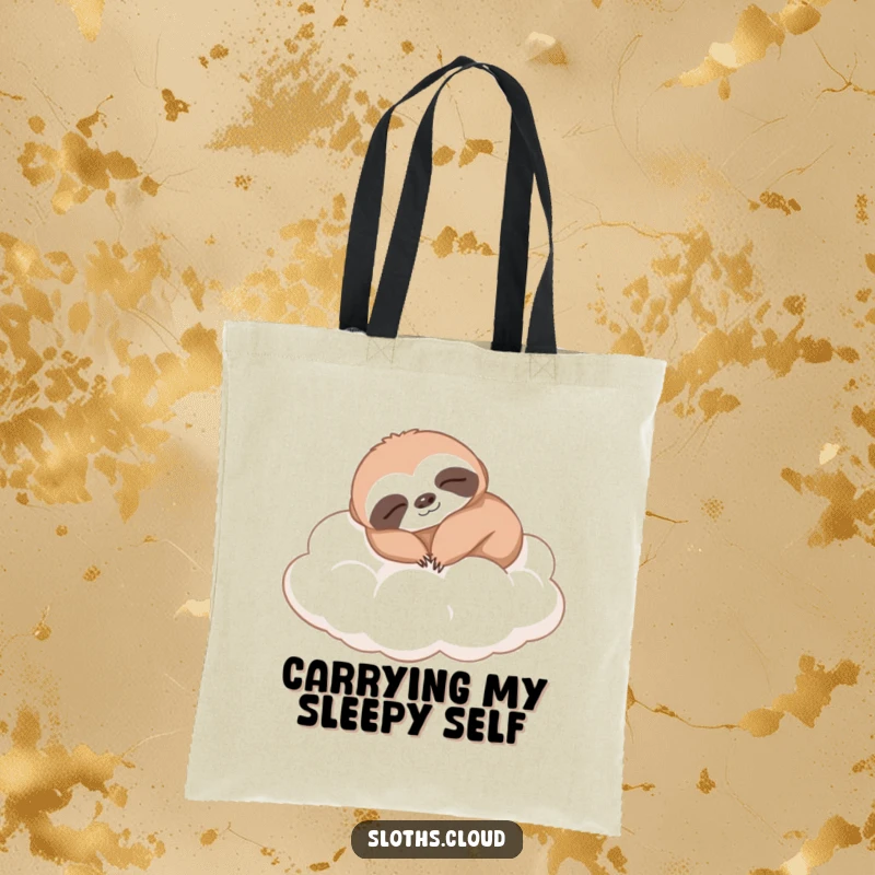 Funny sloth tote bag, comfortably napping on soft clouds. A humorous and practical accessory for those who relish rest.
