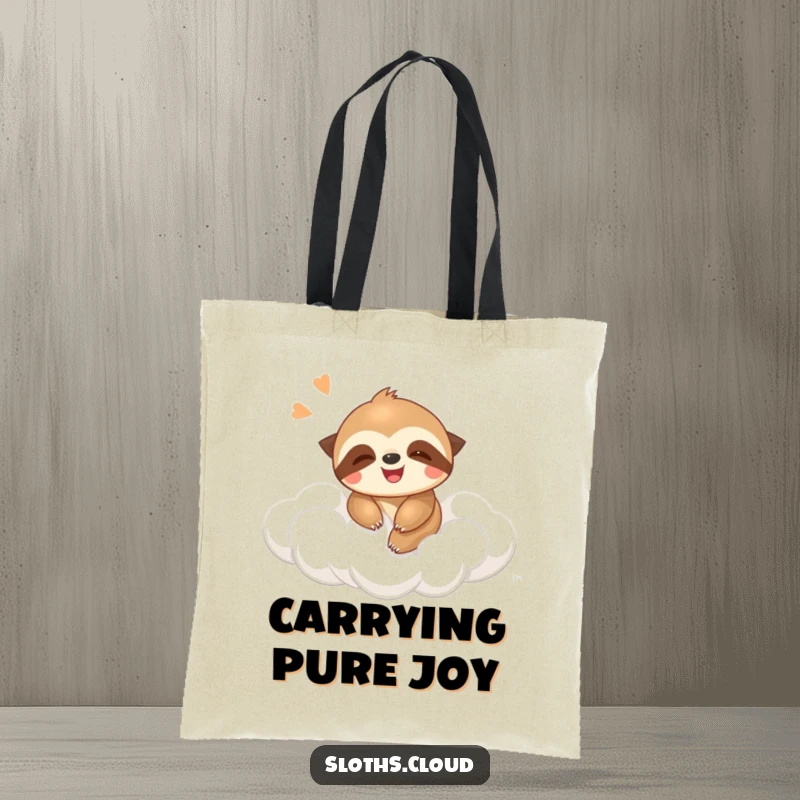Funny tote bag with a giggling sloth joyfully bouncing on a cloud, perfect for carrying items with a playful and humorous theme.