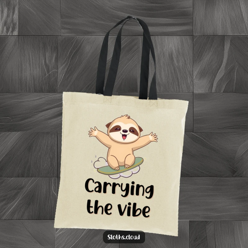 Funny tote bag with a joyful sloth riding a wispy cloud like a surfboard, arms outstretched, showcasing a thrilling aerial escapade.