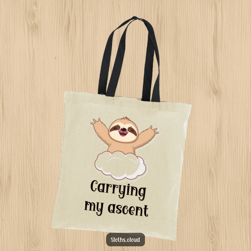 Funny tote bag depicting a happy sloth floating on a cloud, arms outstretched in a gesture of pure joy and peaceful ascent.
