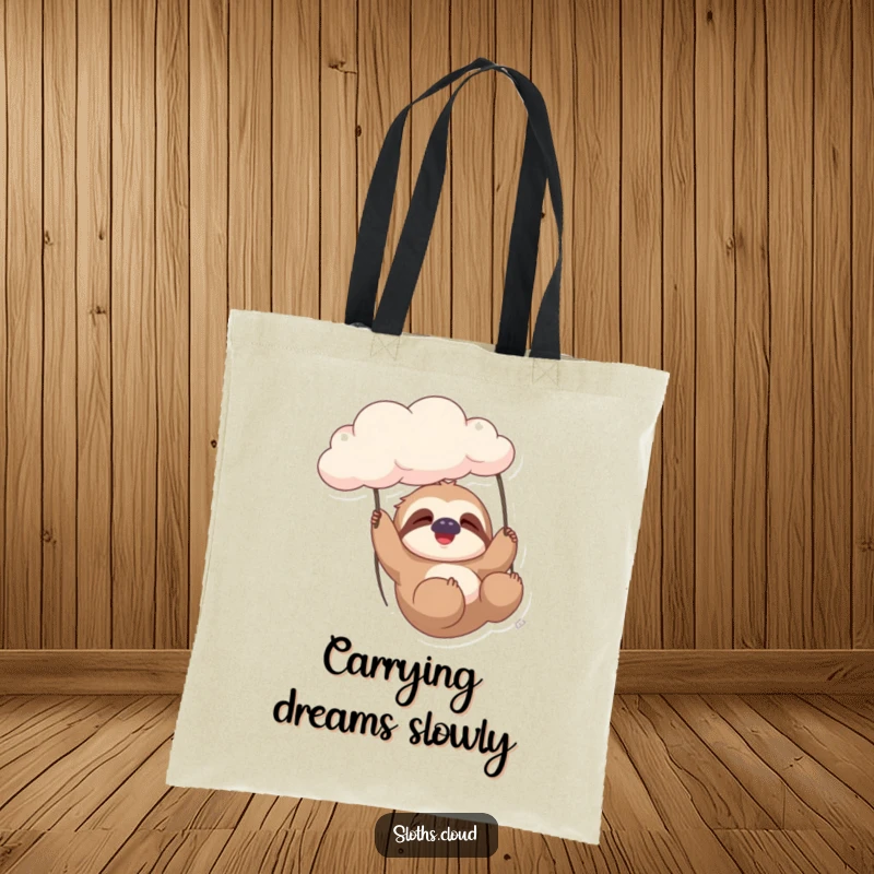 Funny sloth gently swinging from a cloud with eyes closed and a happy sigh, on a durable and stylish tote bag.