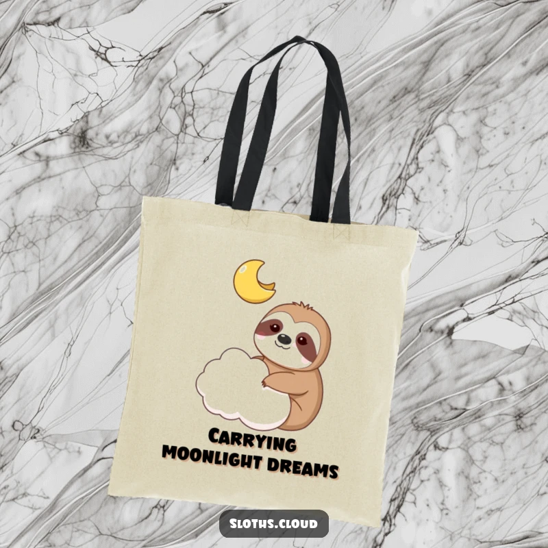 Funny tote bag features a sloth and a smiling moon together on a cloud, perfect for daily use.