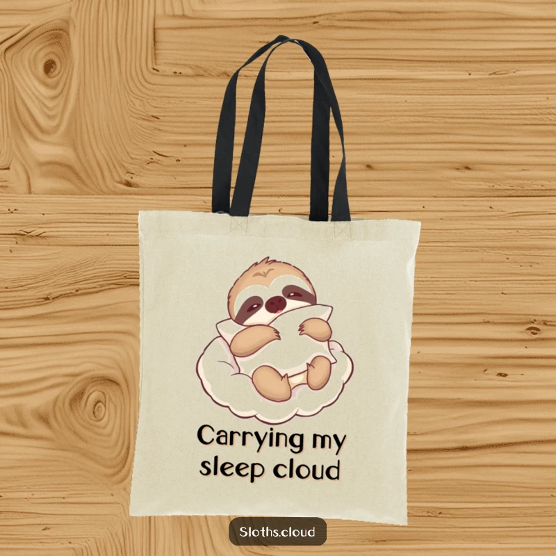 Funny tote bag with a lazy sloth holding a pillow, drifting on a cloud, perfect for carrying comfort and smiles.