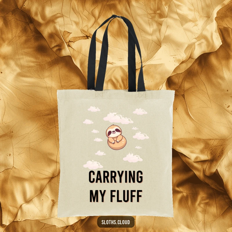 Funny tote bag featuring a serene sloth floating in a cloudy sky, perfect for carrying items with a touch of whimsical humor.