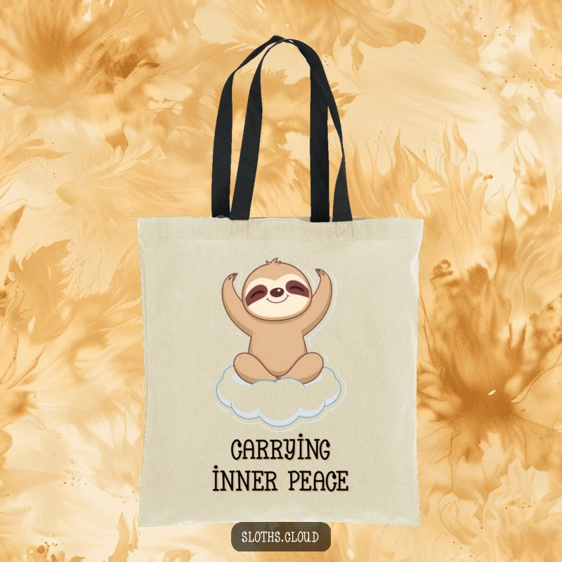 Funny sloth in a peaceful yoga pose on a soft cloud, looking balanced and calm, on a durable and stylish tote bag.