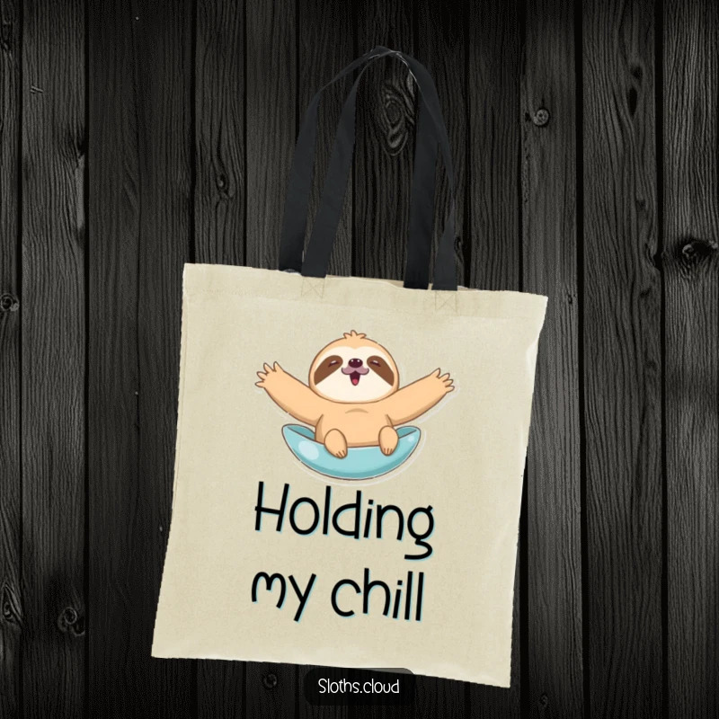 Funny tote bag featuring a sloth with arms spread wide, leisurely floating, perfect for carrying items with a humorous, carefree vibe.