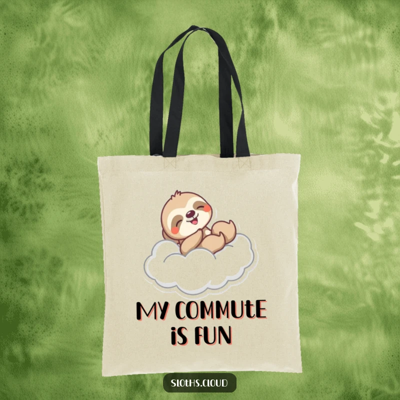 Funny tote bag with a sloth joyfully sliding down a fluffy cloud, perfect for carrying items with a touch of humorous exhilaration.