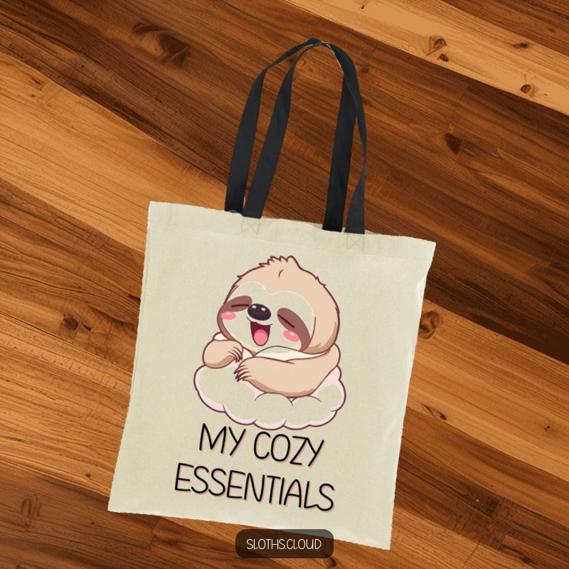 Funny tote bag depicting a yawning sloth wrapped in a soft cloud blanket, excellent funny gift.