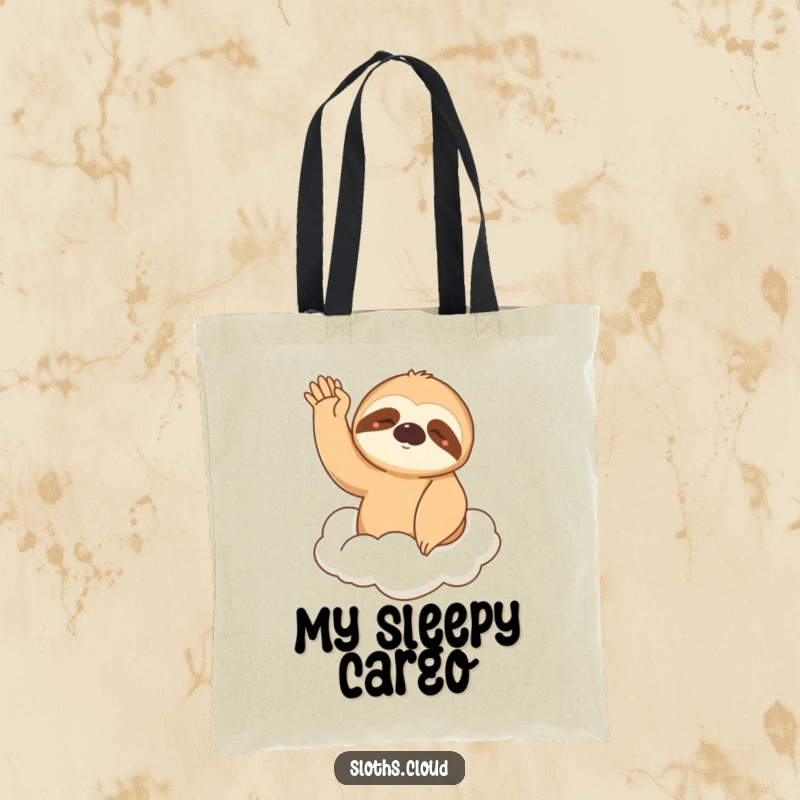 Funny Tote Bag: A sleepy sloth waves lazily from a cloud, ideal for carrying your belongings with a touch of humorous ease.
